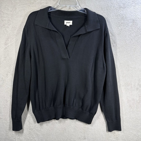 Pact Sweaters - Pact Polo Sweater Women's L Black Organic Cotton Collared Preppy Minimalist
